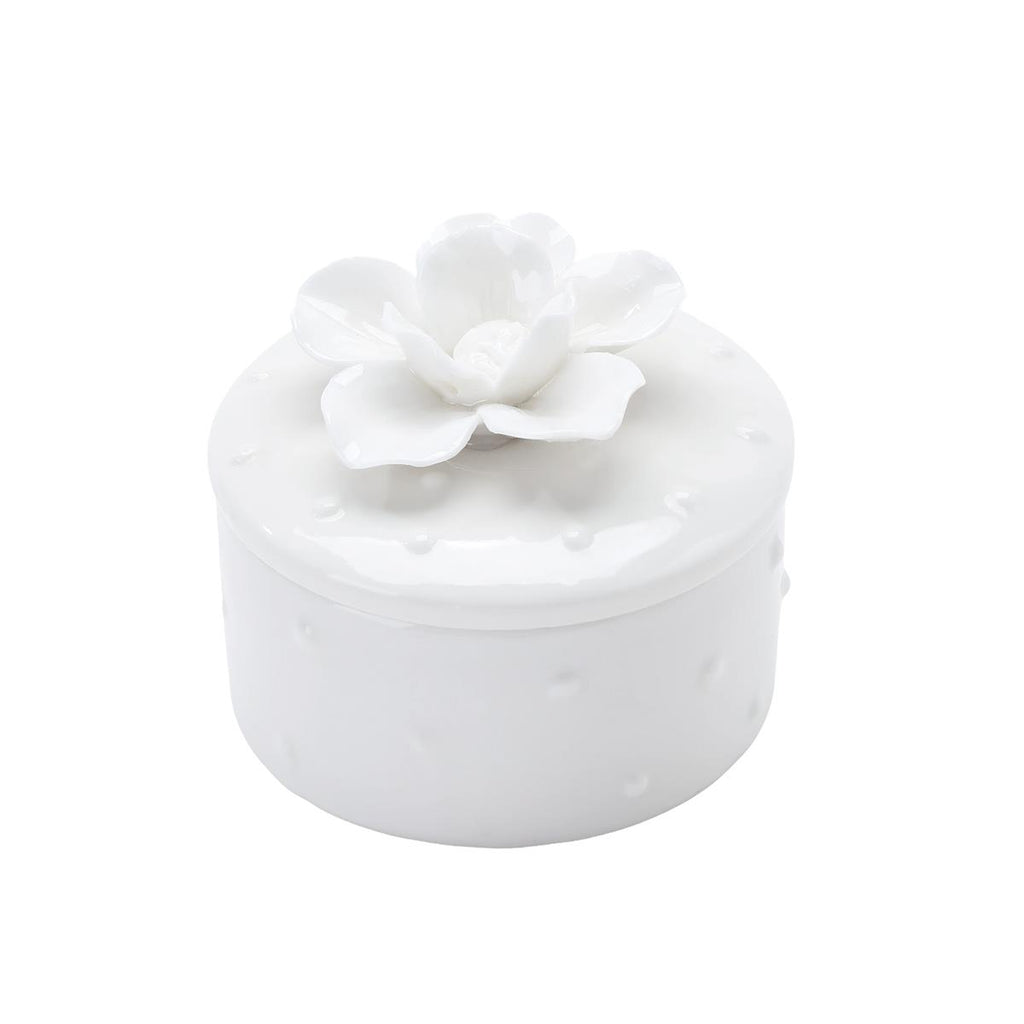 Trinket Box Ceramic Round with White Flower 8 x 7.8cm - Oct 26