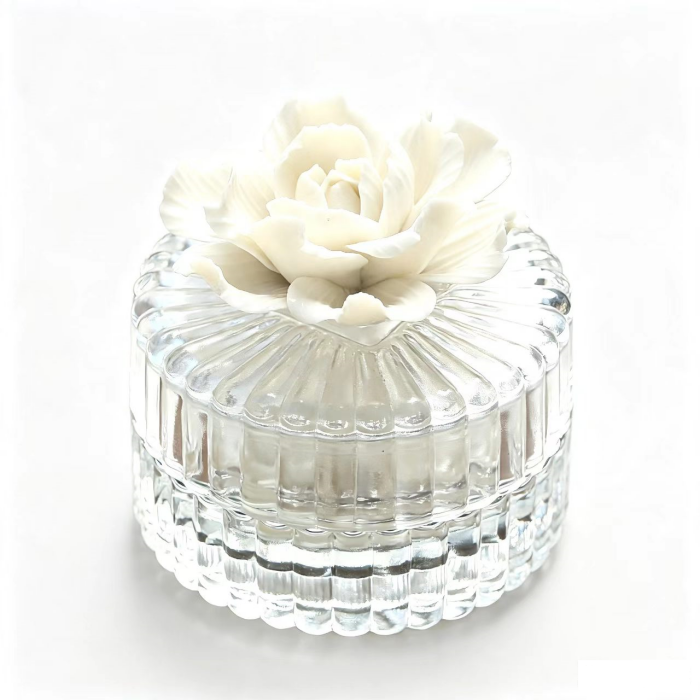 Trinket Box Glass Round with a White Flower 8 x 7.8cm - Oct 26