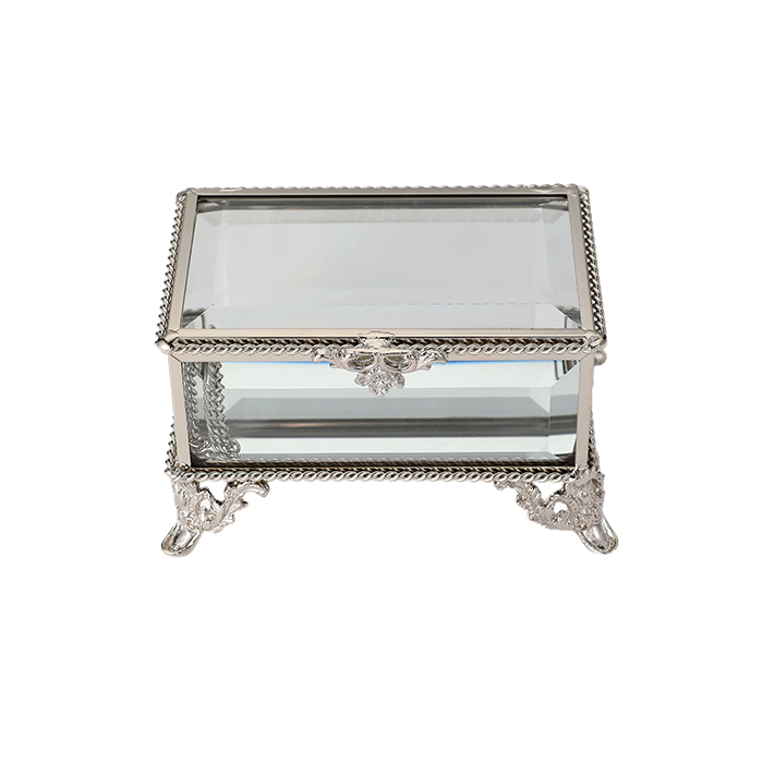 Silver jewelry box with glass top on a white background