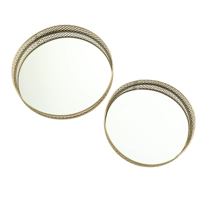 Two round metallic coasters with textured edges on a white background