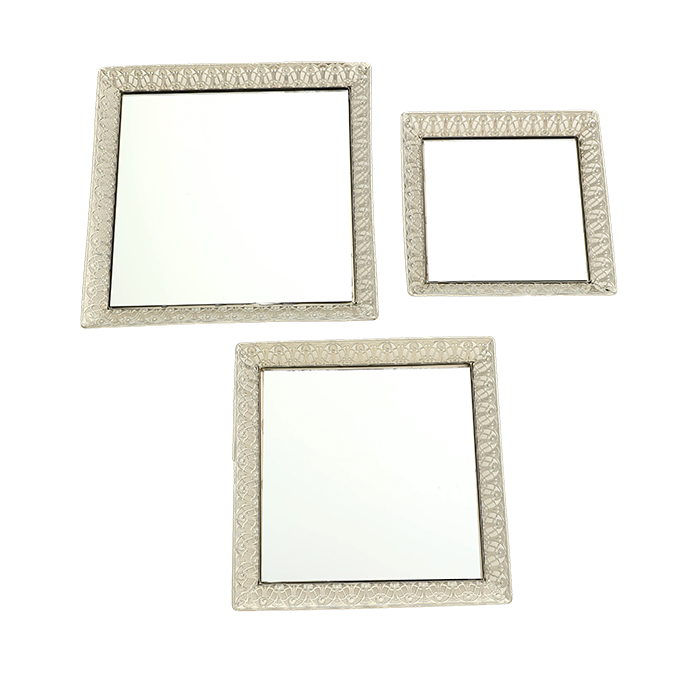 Three square decorative mirrors with ornate frames on a white background