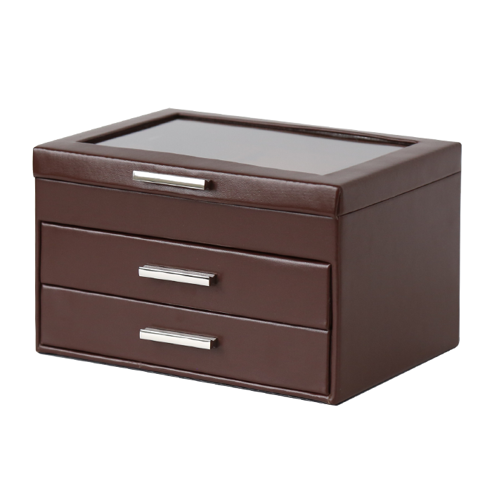 Brown jewelry box with glass top and three drawers on a white background