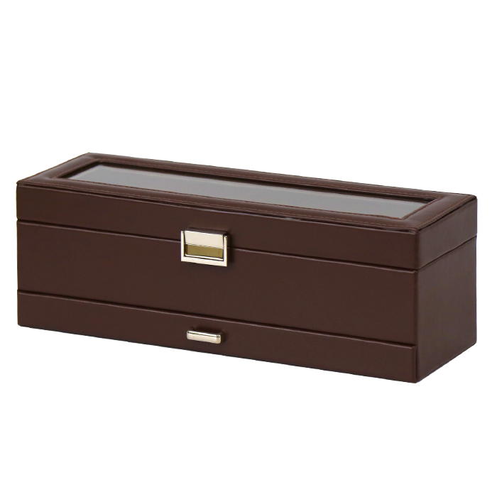 Brown jewelry box with glass top on a white background