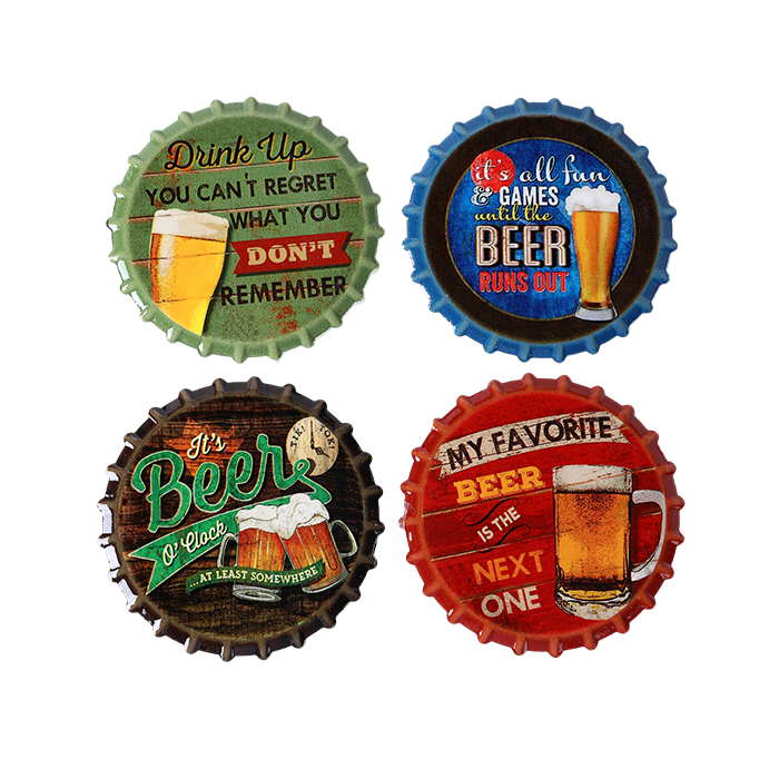 Four decorative bottle caps with beer-themed sayings on a white background