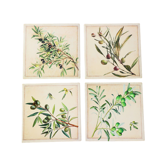 Four botanical prints of olive branches on a beige background