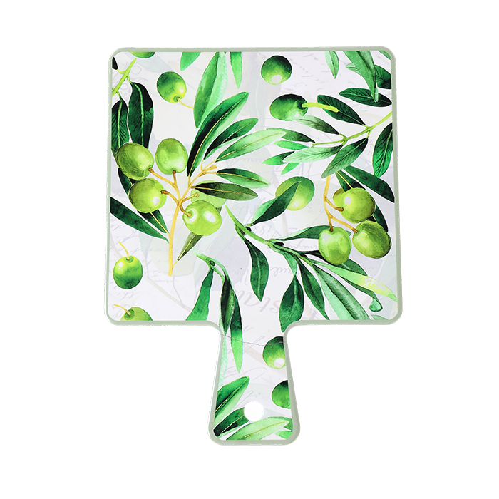 Rectangular mat with green leaf and olive design on a white background