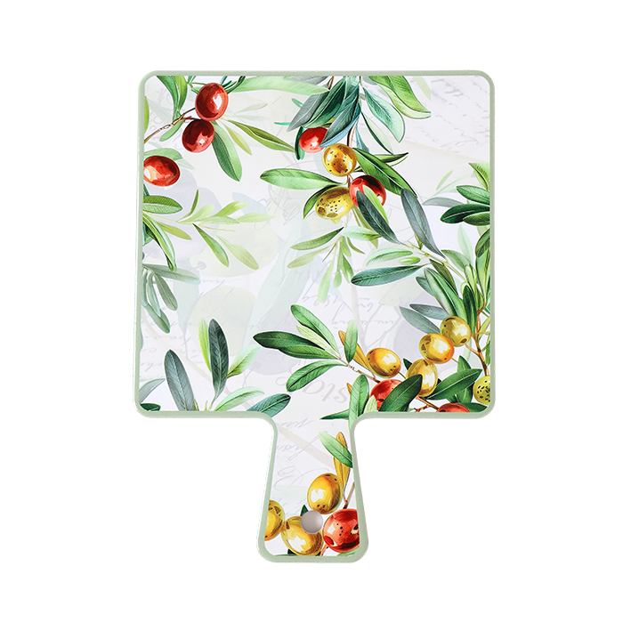 Transparent square sheet with olive branch and fruit pattern on a white background