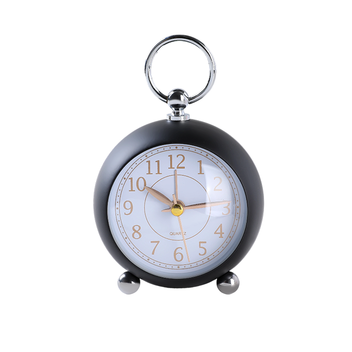 Black pocket watch with a white face and gold hands on a white background