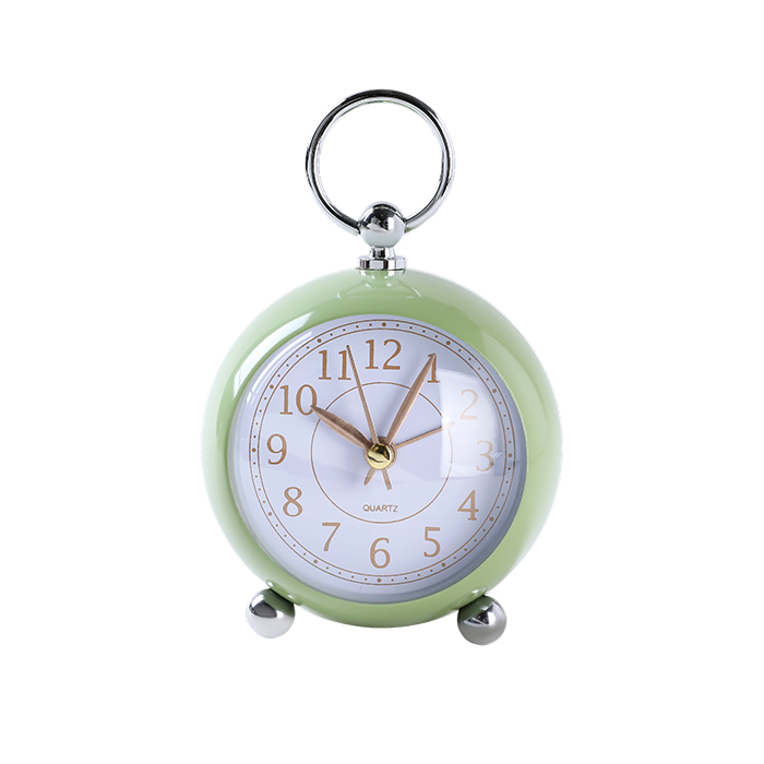 Green clock with a white face on a white background