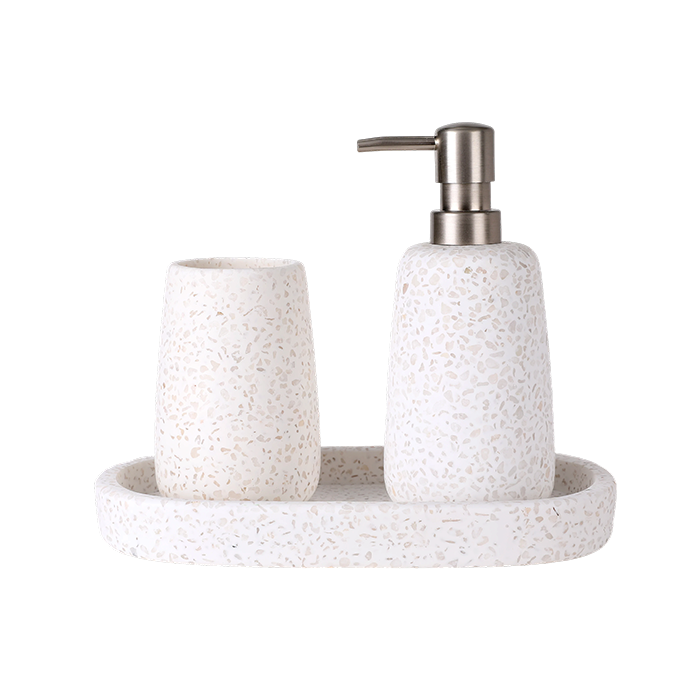 Bathroom set with speckled ceramic container, soap dispenser, and tray on a white background