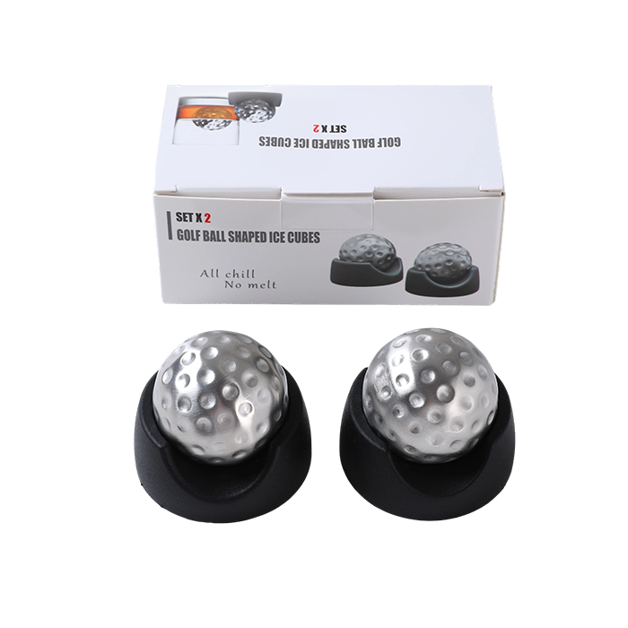 Golf ball-shaped ice cubes with packaging on a white background