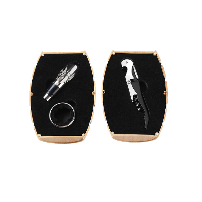 Set of wine tools including a bottle opener and corkscrew in a black and gold case on a white background.