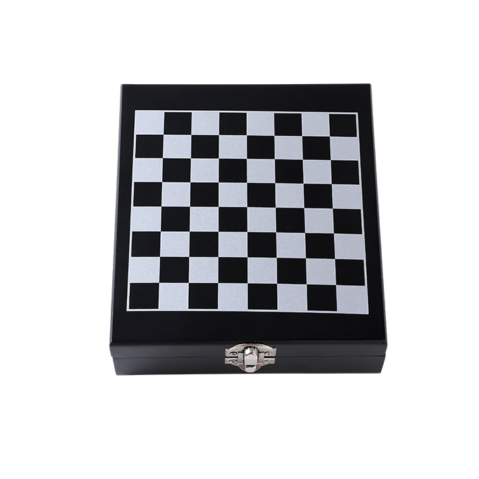 Checkered black and white board inside a wooden box on a white background
