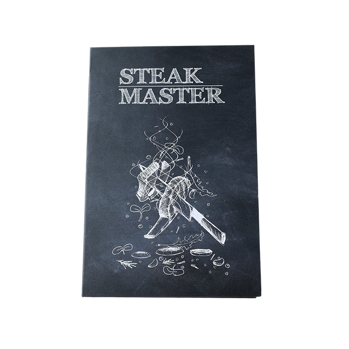 Set of four steak knives with wooden handles in a cardboard box, accompanied by a recipe card on a white background.