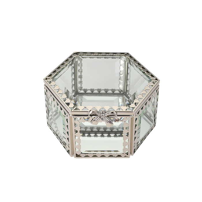 Glass Jewellery box Silver Hex with Clear Glass (7 x 12 x 10.5cm)