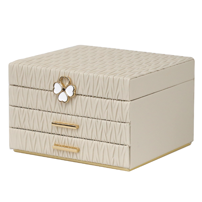 Jewellery Box PVC Champagne Leather Wrinkled with Lift Out Tray & 2 Drawers